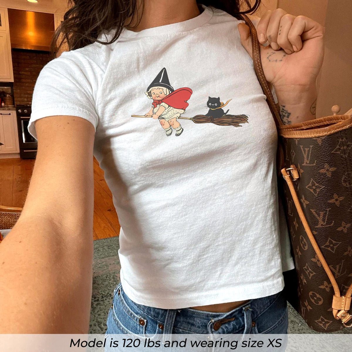 Vintage Witch and Black Cat Baby Tee, Retro Halloween Womens Shirt, Cute Y2K Graphic Top, 90s Aesthetic Baby Tee, Trick or Treat Tee
