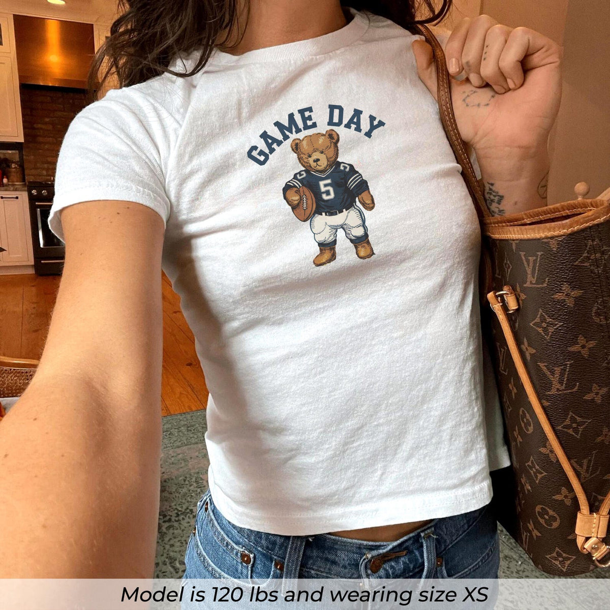 Game Day Football Baby Tee, Vintage Teddy Bear Crop Top, Womens Y2K Graphic Tee, Retro 90s Game Day Shirt, Gifts for Her, Football Season