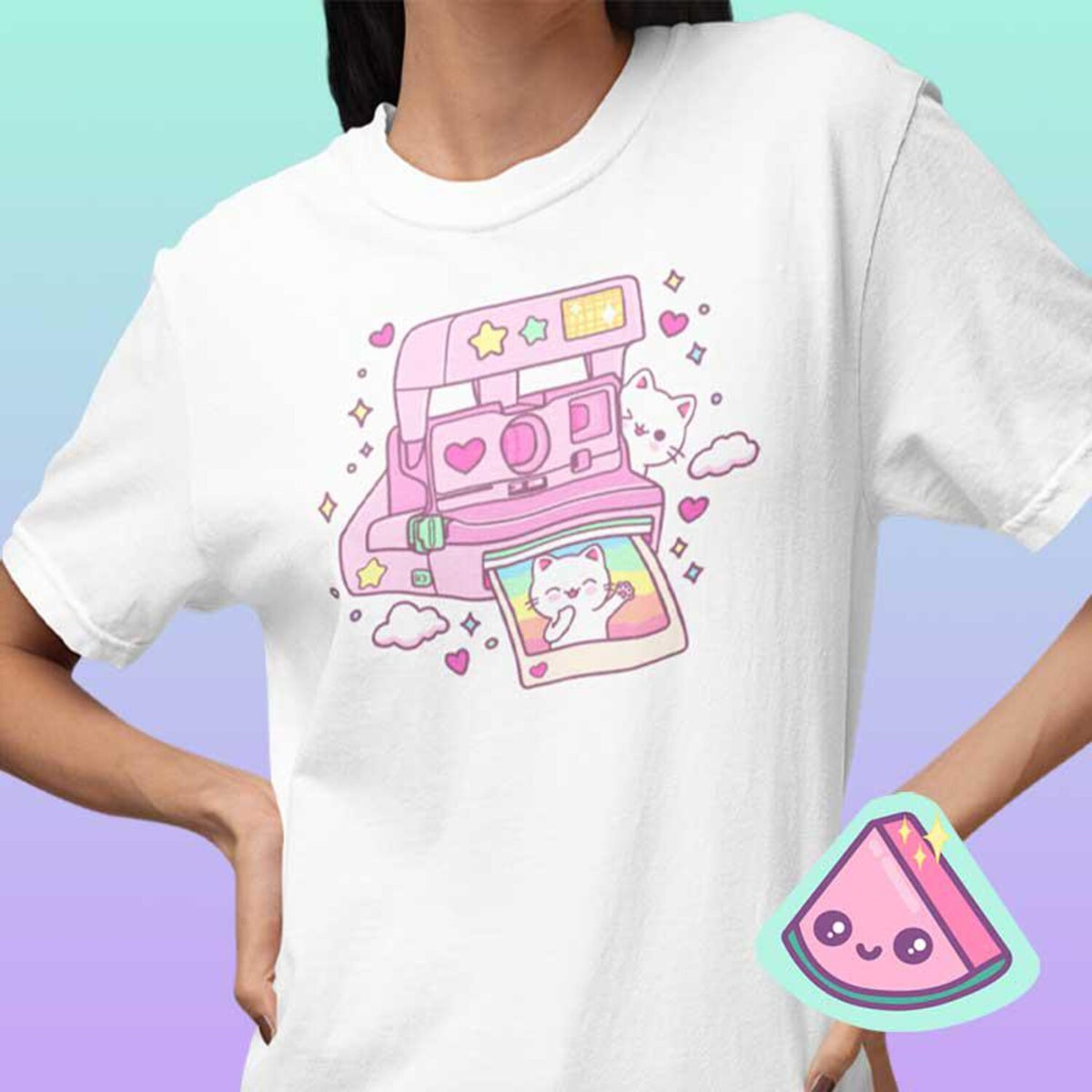 Kawaii Cat Instant Camera Shirt, Retro 90s Pastel Photo Tee, Cute Aesthetic T-Shirt, Fairy Kei Yume Kawaii Graphic Top