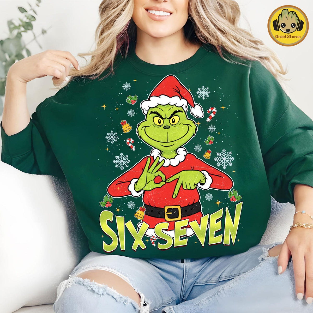 Funny Six Seven Meme Christmas Green Mean Guy Png, Viral Funny Saying 6 7 Png, Internet Joke Shirt Design, Trending Social Media Humor Png