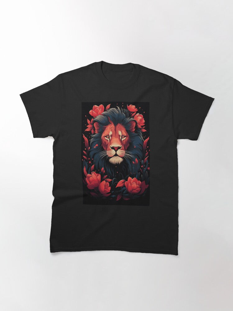 T Shirt Lion And Flowers Red Version Classic