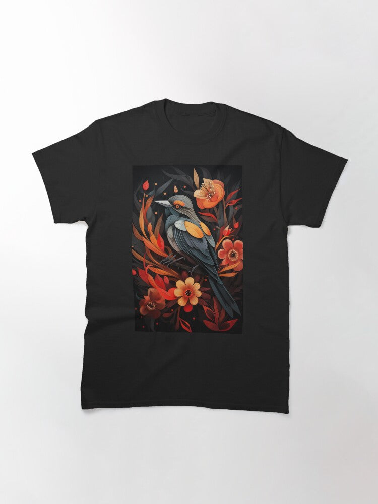 T Shirt Bird And Flowers Orange Version Classic