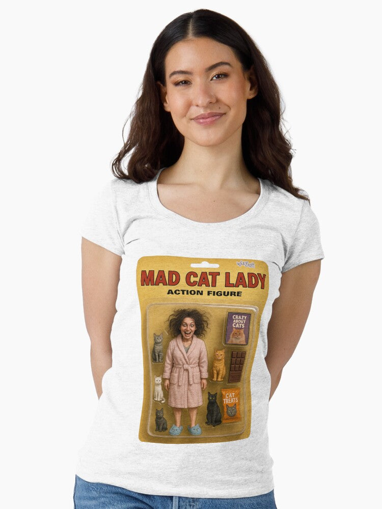 Mad Cat Lady Action Figure Parody Sticker Design Fitted Scoop T Shirt