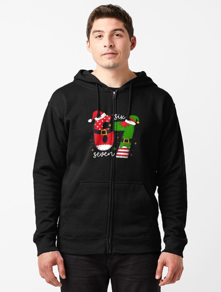 Funny Six Seven 67 Meme 6 7 Elf Santa Christmas Pajamas Zipped Hoodie | Premium Unisex T-Shirt, Trending Graphic Tee