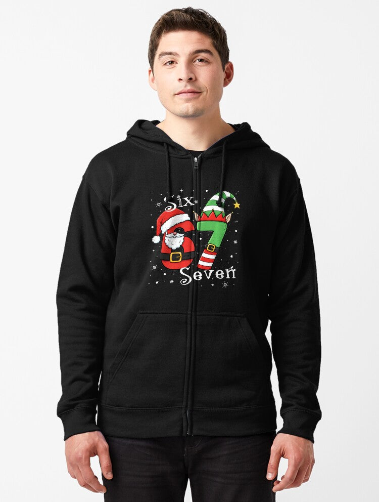 Six Seven 67 Meme 6 7 Elf Santa Christmas Pajamas Kids Zipped Hoodie | Premium Unisex T-Shirt, Trending Graphic Tee