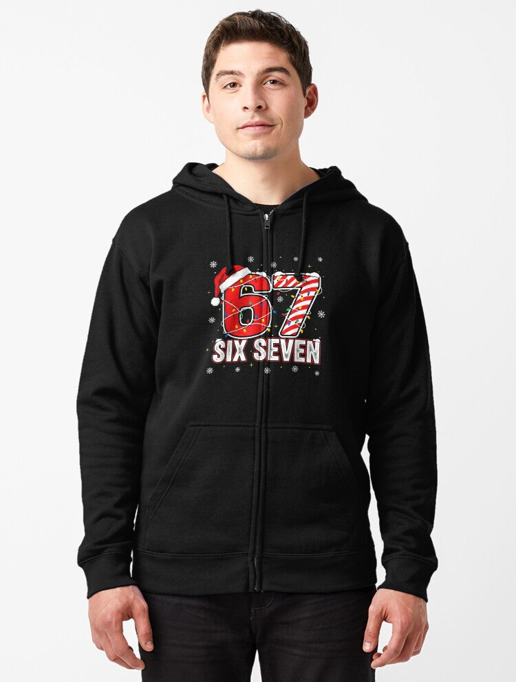67 Six Seven Novelty Christmas Santa Hat Family Matching Zipped Hoodie | Premium Unisex T-Shirt, Trending Graphic Tee