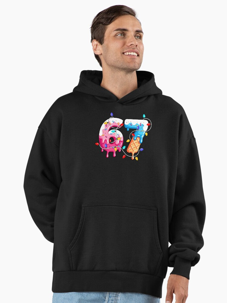 Six Seven Ice Cream Drip Cool Meme 67 Funny Christmas Lights Premium Oversized Hoodie | Premium Unisex T-Shirt, Trending Graphic Tee