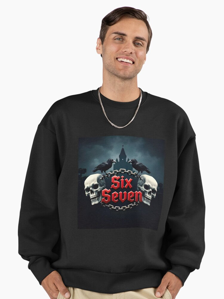 Six Seven 6-7 Gothic Skulls & Ravens Premium Oversized Sweatshirt | Premium Unisex T-Shirt, Trending Graphic Tee