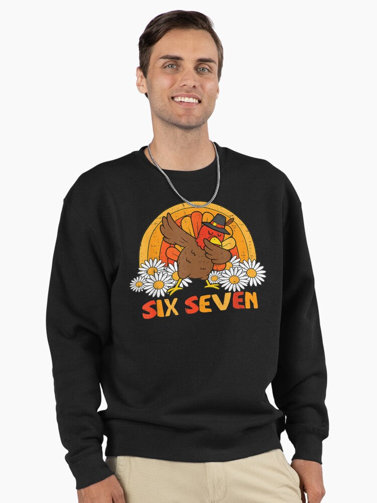 Title: Retro Dabbing Turkey Six Seven Groovy Daisy Flower Vintage Thanksgiving Pullover Sweatshirt | Premium Unisex T-Shirt, Trending Graphic Tee